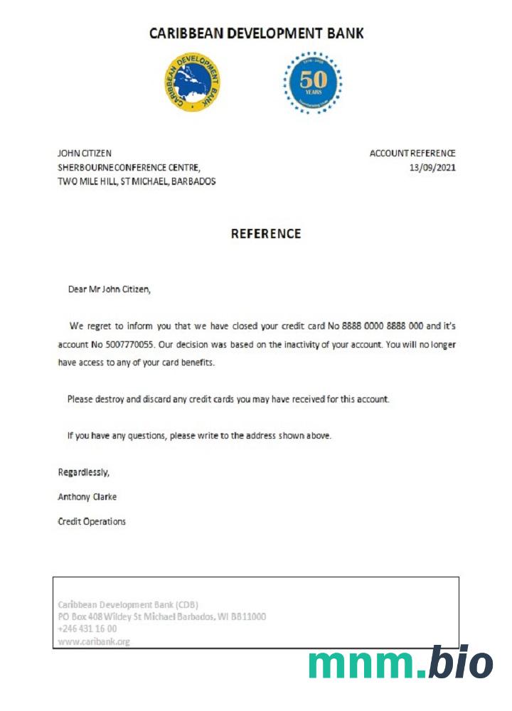 Przykład zamknięcia Banku Rozwoju Barbados Caribbean w formatach Word i PDF
